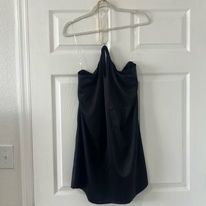 Black mini dress with gold chain necklace halter top